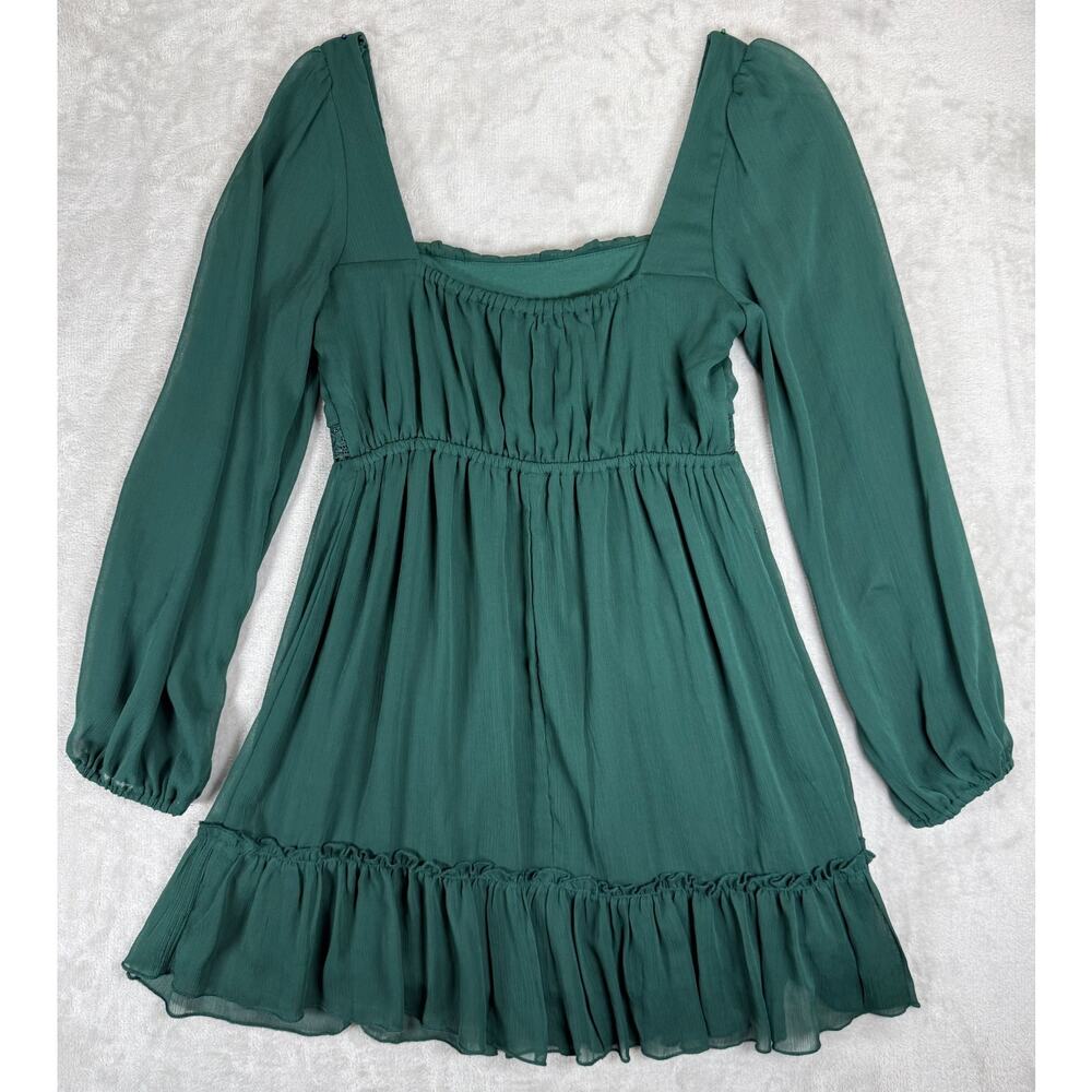 Women's Milkmaid Green Babydoll Mini Dress Cottagecore Puff Sleeve Medium M - Picture 3 of 9